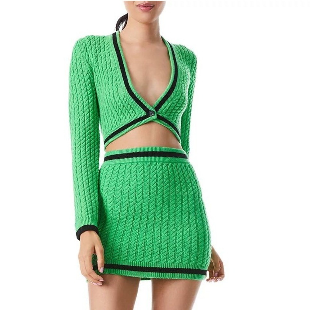 Alice + Olivia Jenae 2 pc Skirt‎ Set Green Cable Knit Cropped Cardigan Mini Sz S
